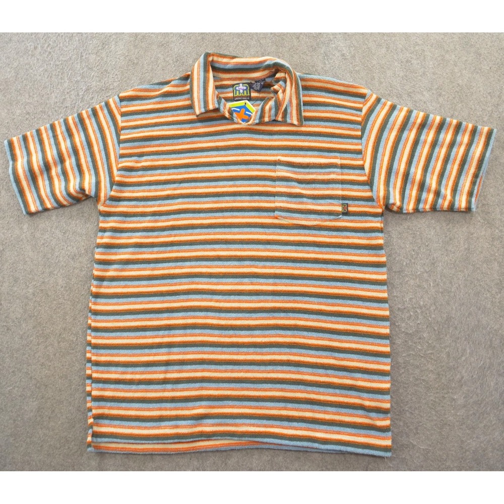 Reactor + Polo Shirt Mens Medium Blue Orange Beach French Terry Cloth New